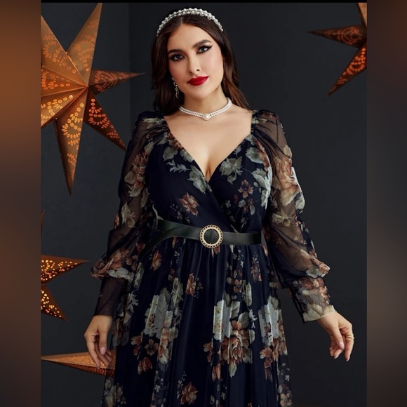 Plus Random Floral Print Overlap Collar Bishop Sleeve Belted Mesh Dress - Picture 3 of 14